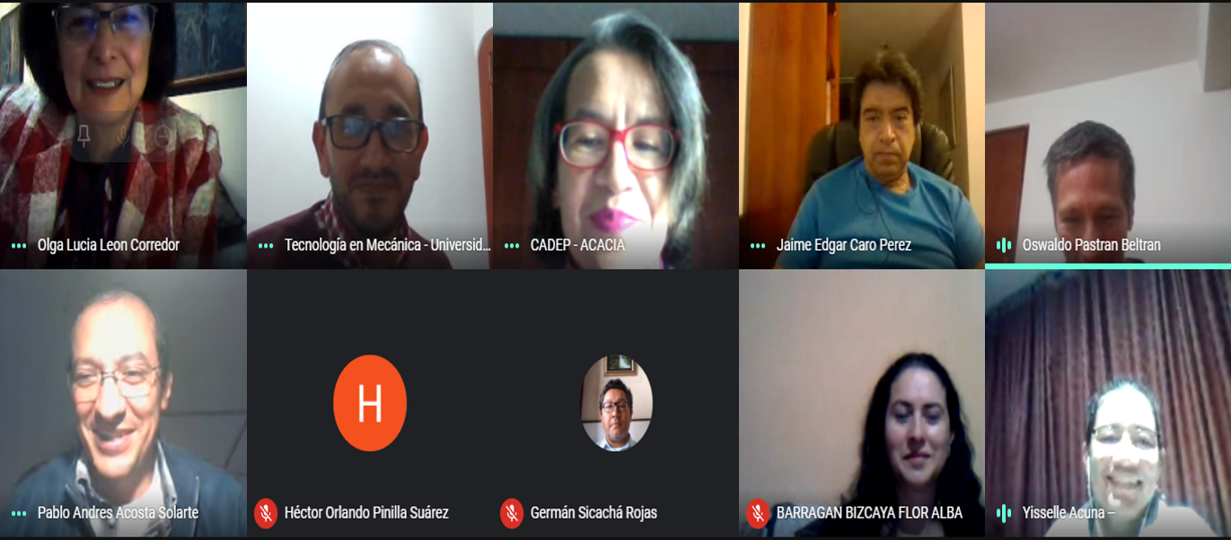 Muestra las personas que participan en la reunión: Olga Lucía León, Tecnología en Mecánica, Sandra Méndez, Jaime Caro, Oswaldo Pastran, Pablo Acosta, Héctor Pinilla, Germán Sicachá, Flor Barragán y Yisselle Acuna